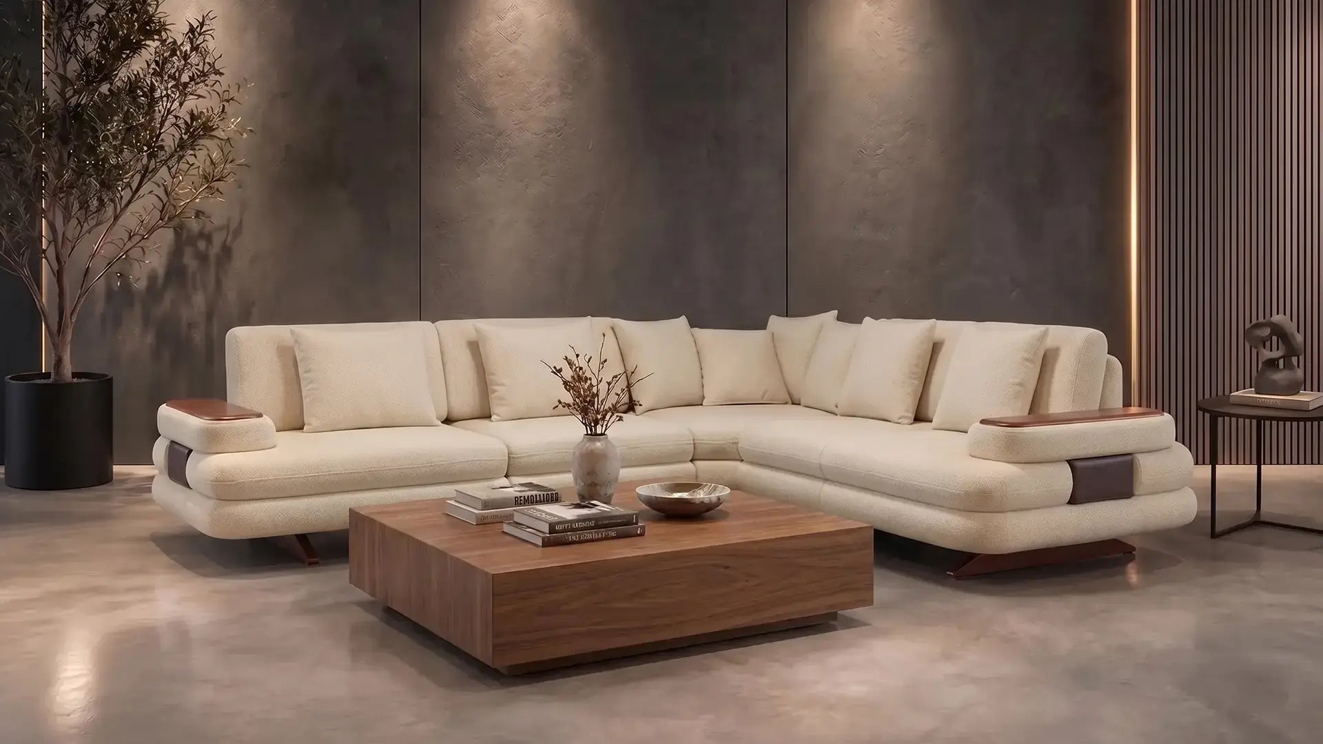 A cream bouclé sectional sofa with a walnut coffee table